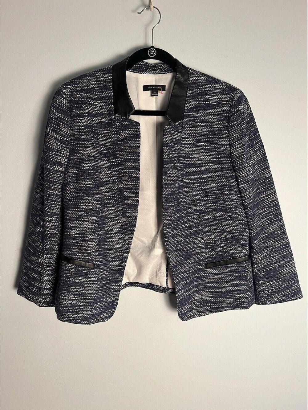 Ann Taylor Blazer Blue White Tweed Jacket Black Faux Leather Collar Work 14